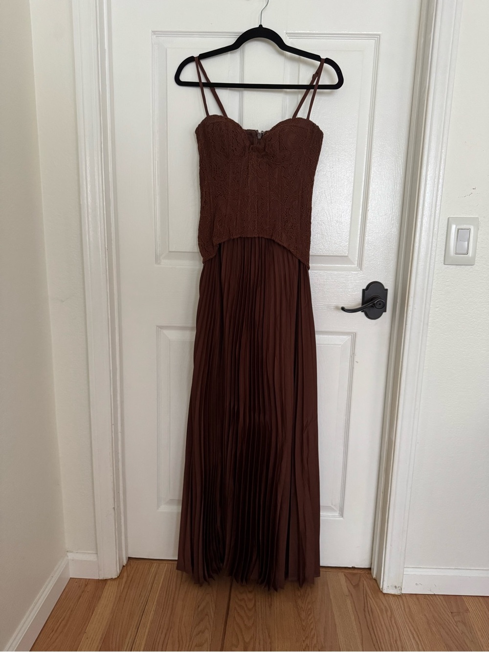 Fashion Nova Daniella Lace Corset Pleated Chocolate Brown Maxi Dress